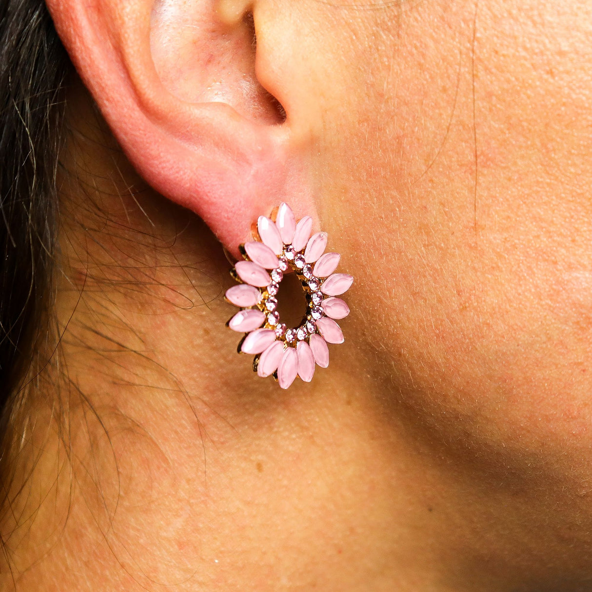 Vintage Pink Glass Pavé Floral Stud Earrings
