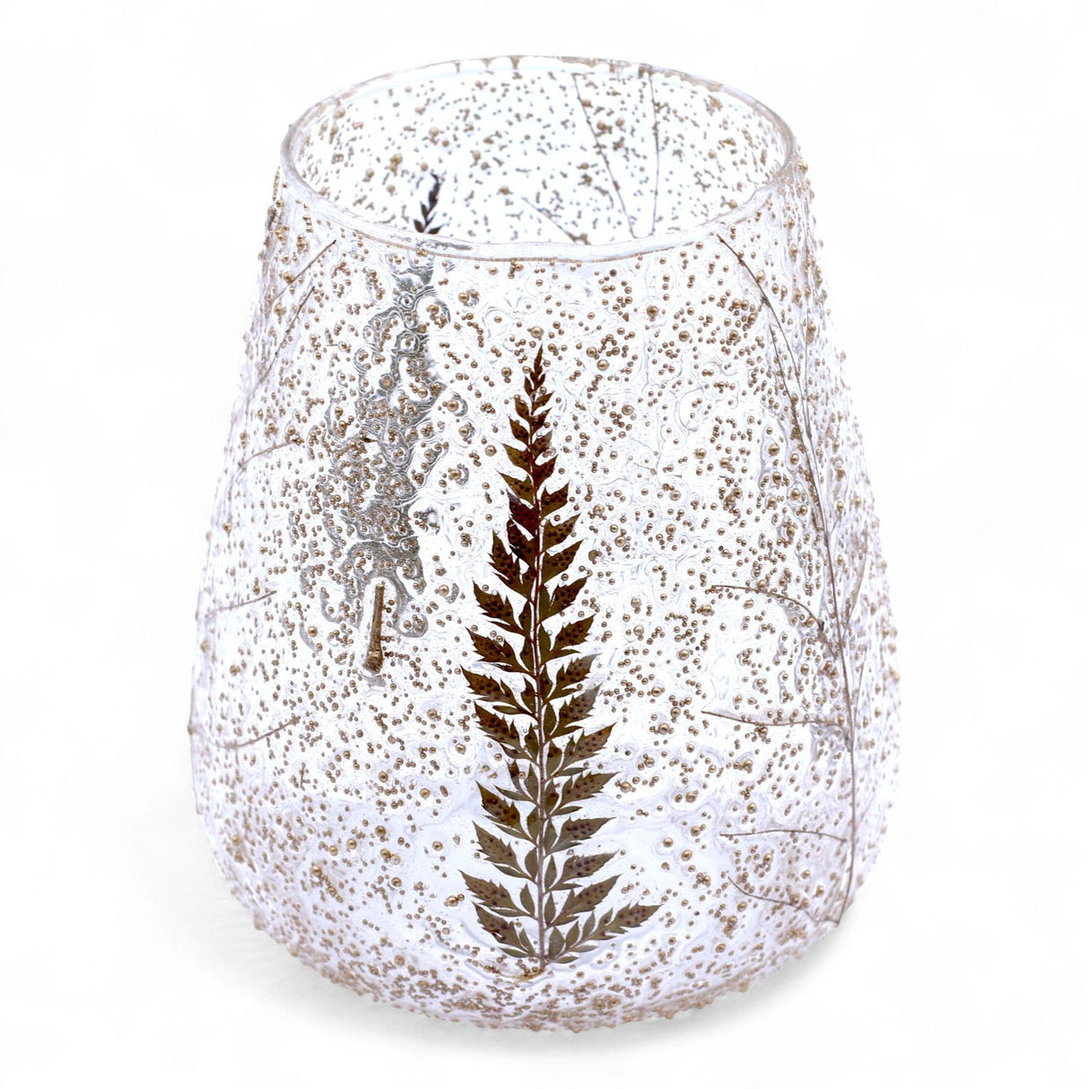 Textured Gold Fern Glass Bowl Candle Holder 15x12cm