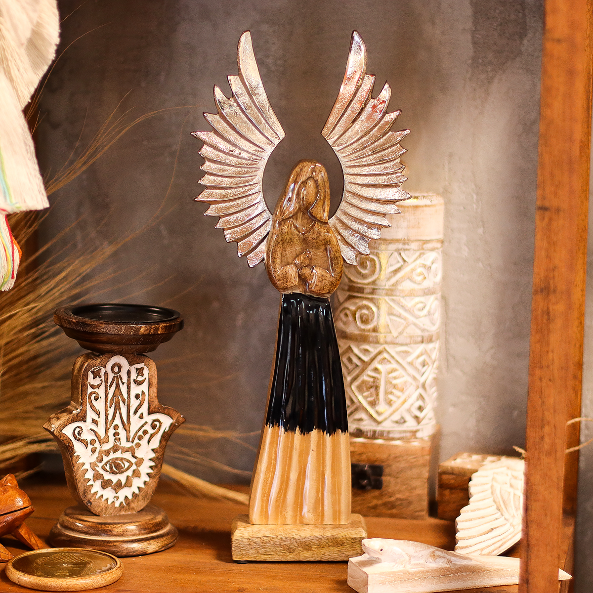 Hand-Carved Mango Wood Guardian Angel Statue, Metal Wings