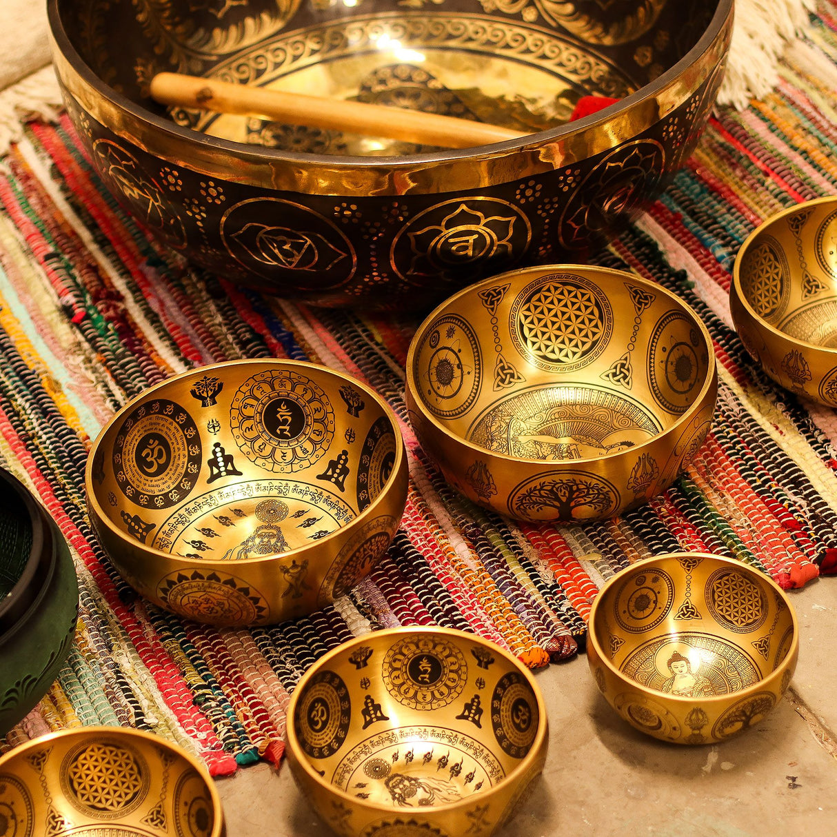 Set of 4 Etched Brass Tibetan Singing Bowls