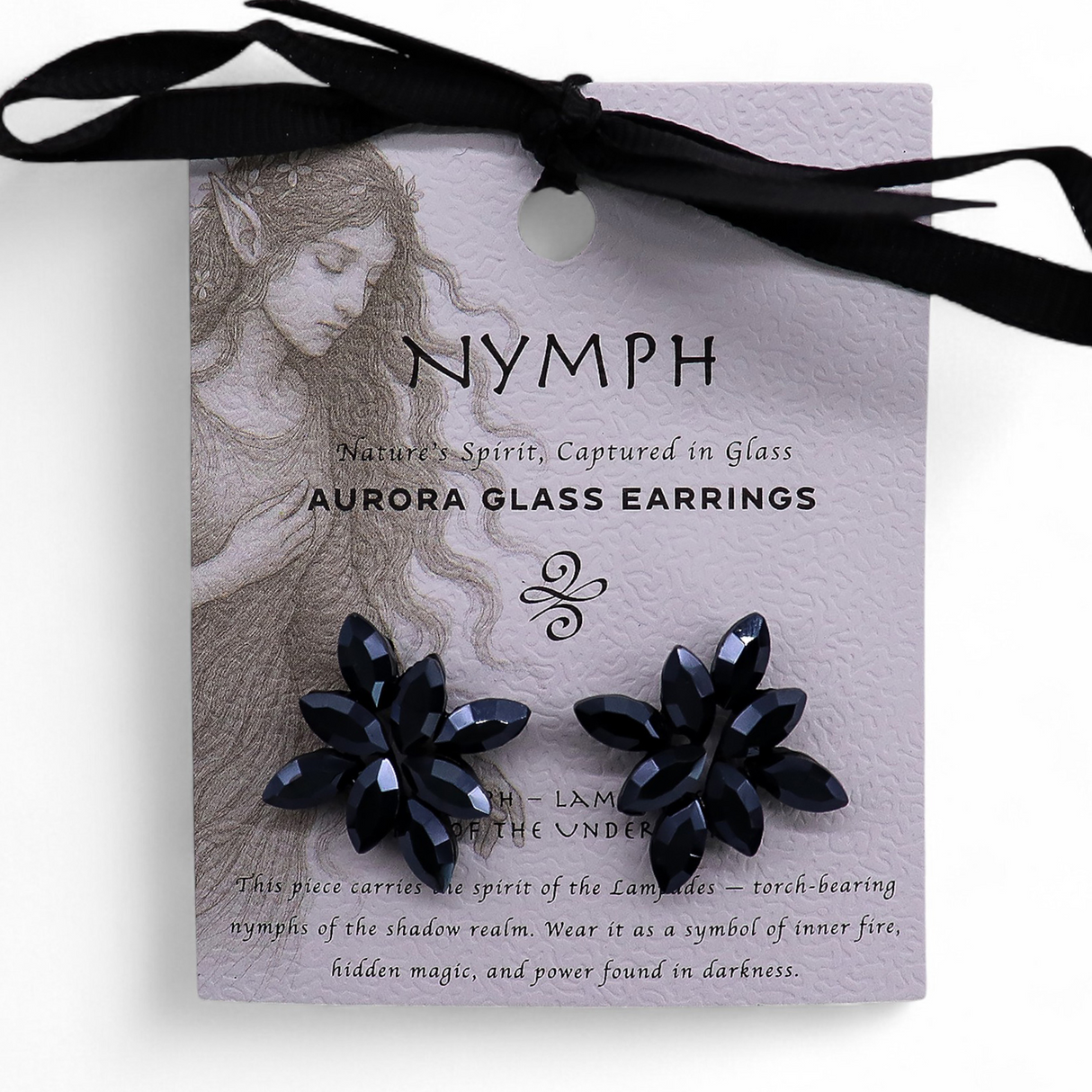 Jet Black Vintage Glass Flower Stud Earrings