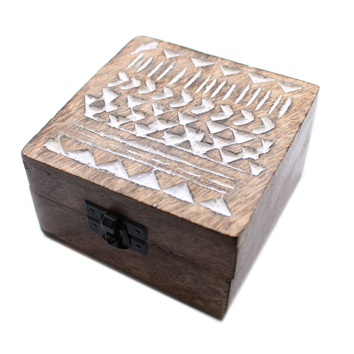 Wooden Box Whitewashed Aztec Design 10x10 cm