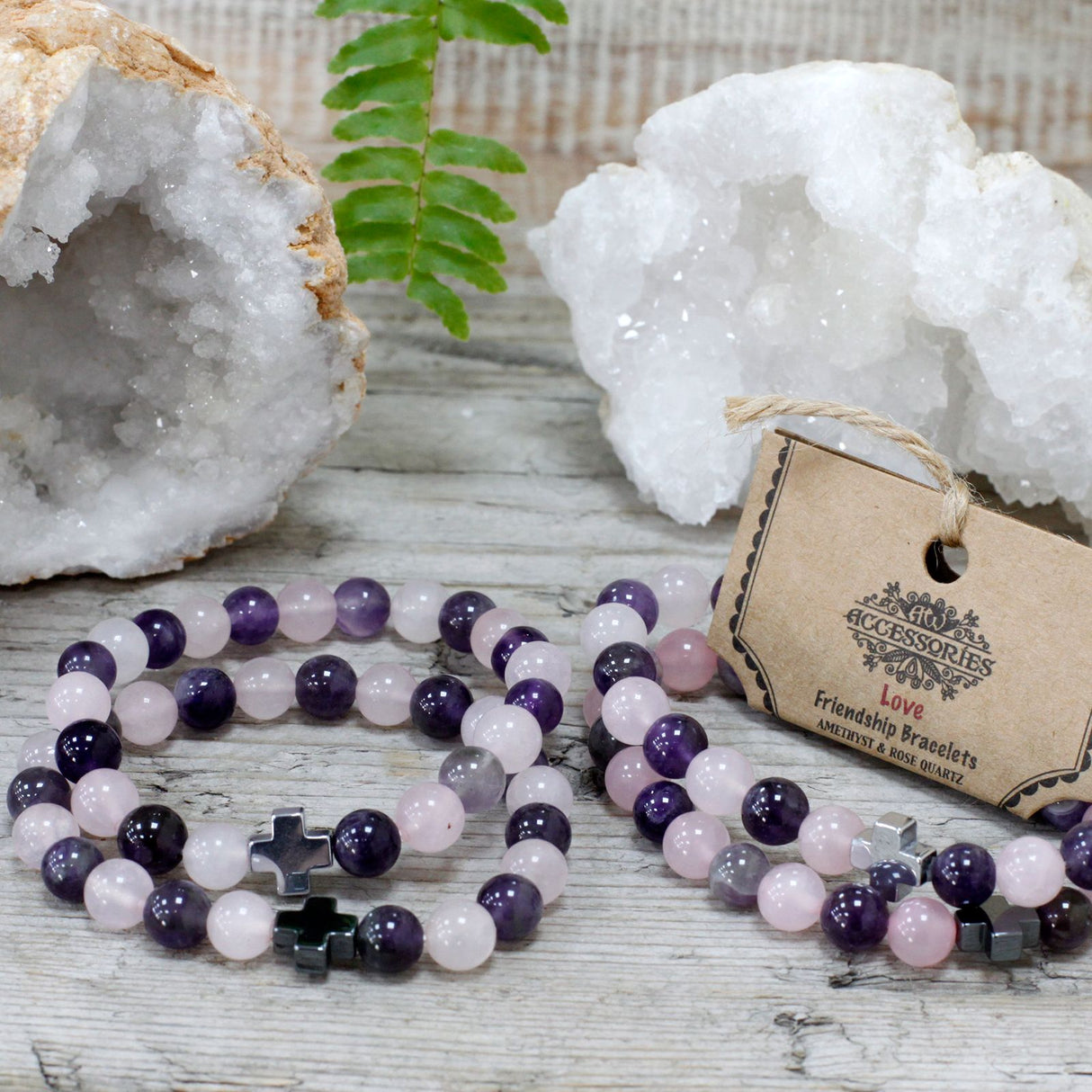 Ensemble de 2 bracelets pour couple Améthyste Quartz Rose