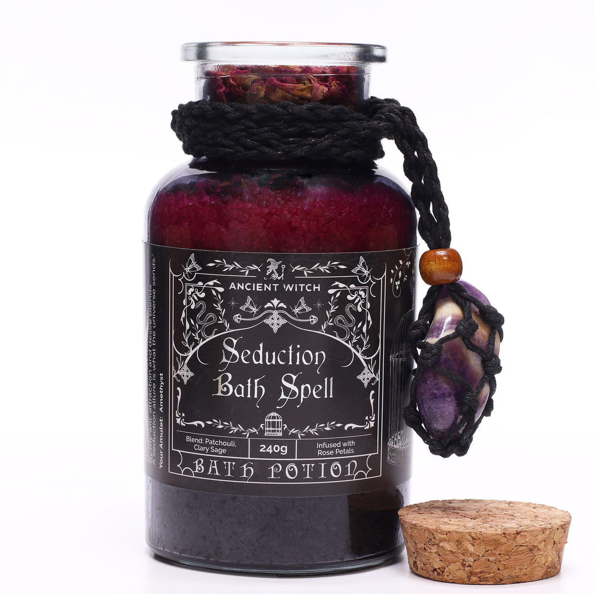 Ancient Witch Bath Spell Potion & Amethyst Crystal Amulet – Seduction
