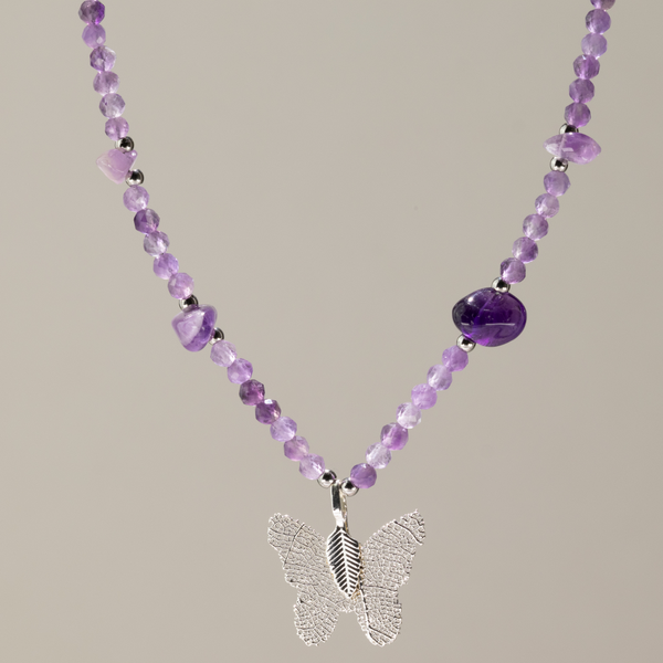 Nymph Amethyst Gemstone Necklace with Real Leaf Butterfly Pendant