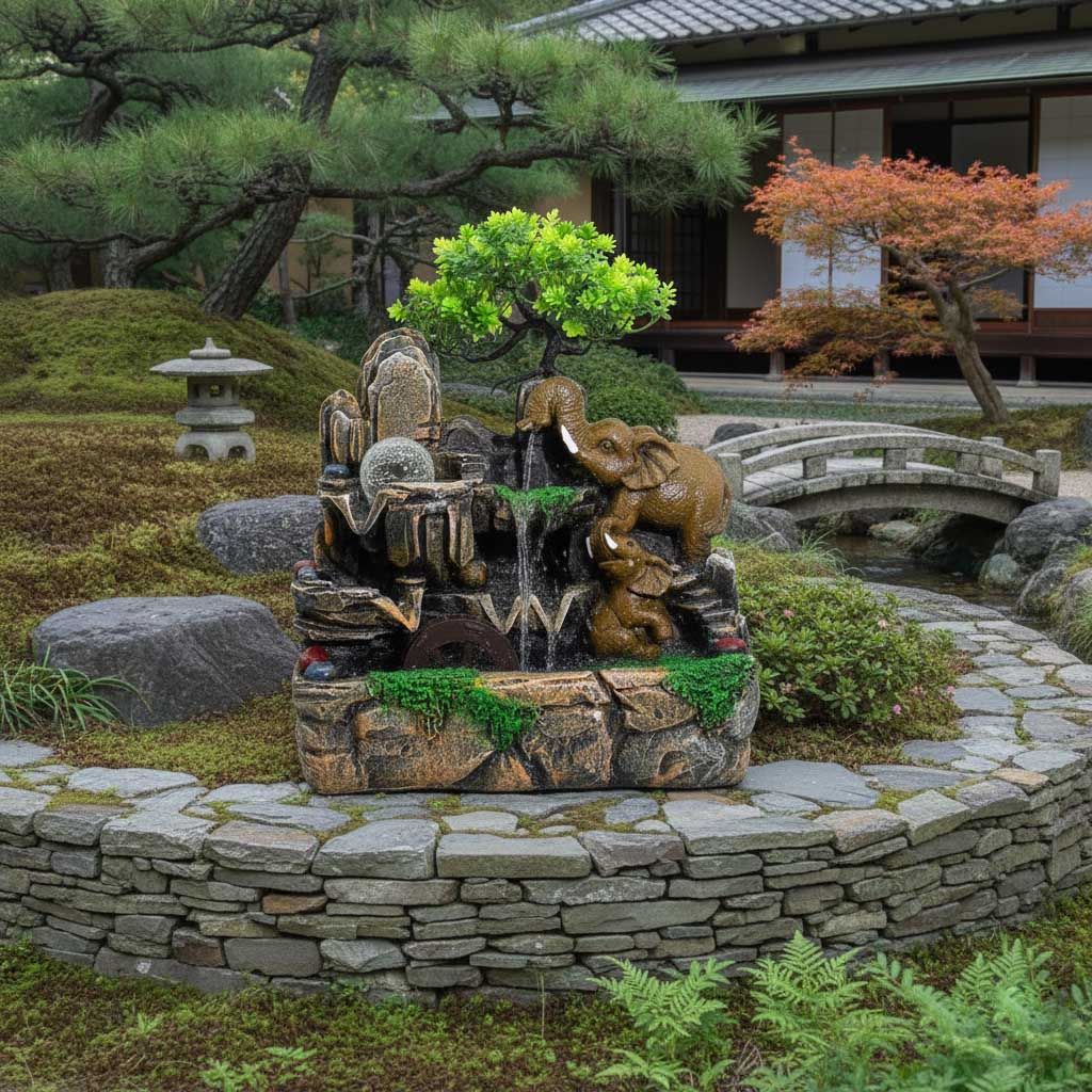 Stolná vodná fontána Slony v láske s krištáľovou guľou, svetlom a vodným mlynom (30x20x35cm)