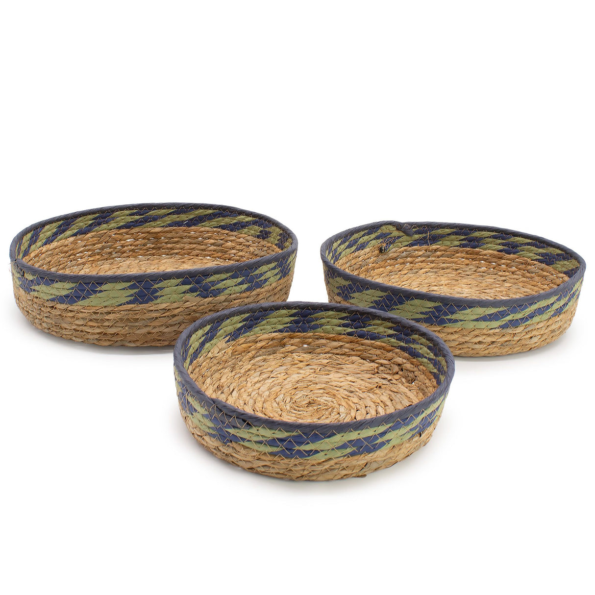 Straw & Seagrass Tray Baskets – Natural Green & Blue- Set of 3