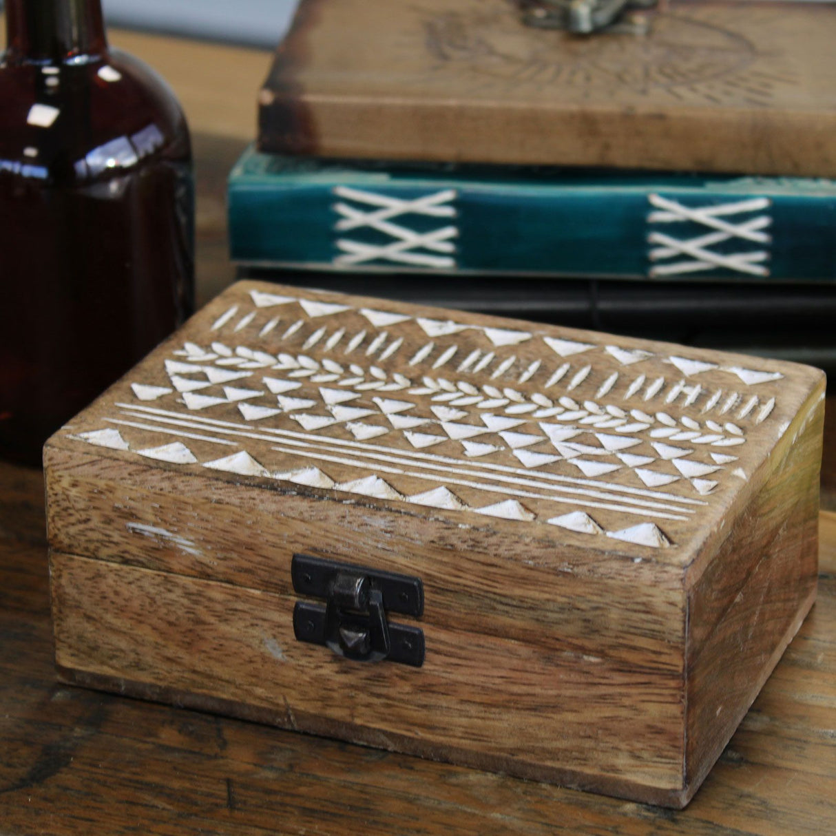 Wooden Box Whitewashed Aztec Design 15x10x6 cm