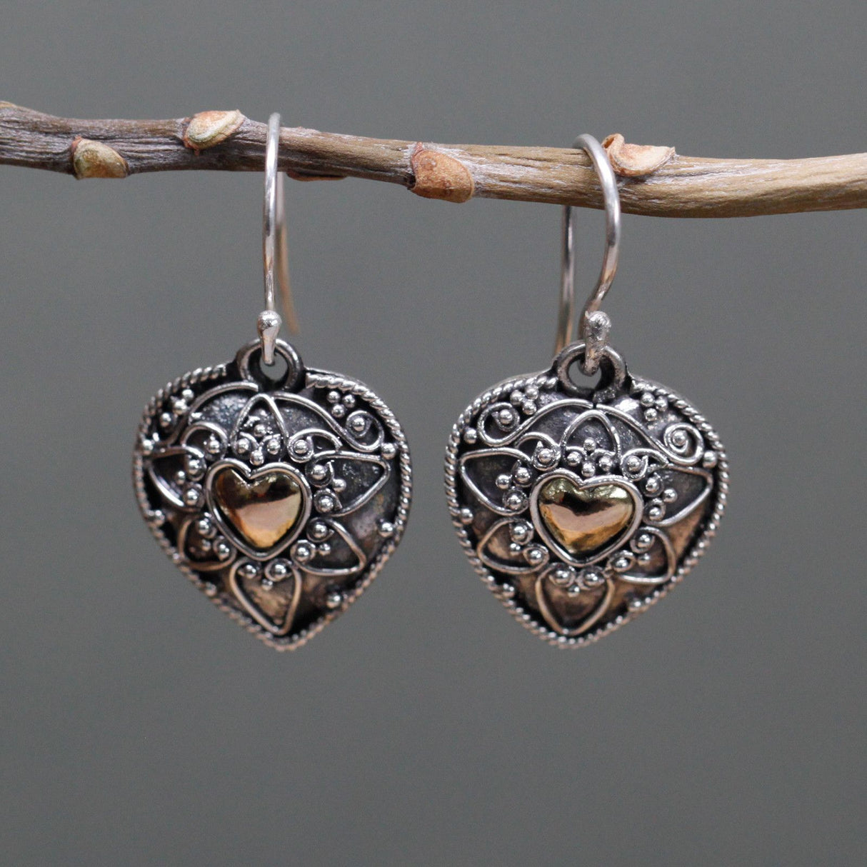 Gold and Silver Dangle Earrings Mandala Hearts Pair