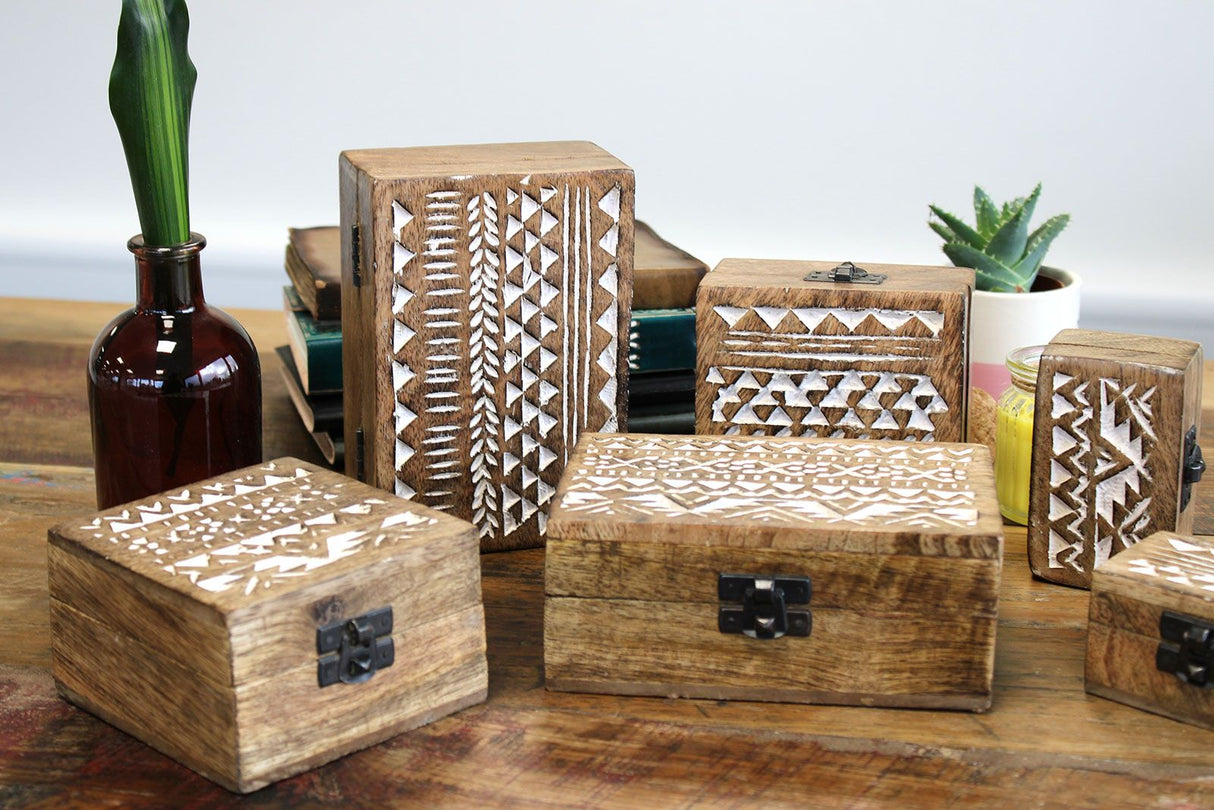 Wooden Box Whitewashed Aztec Design 15x10x6 cm
