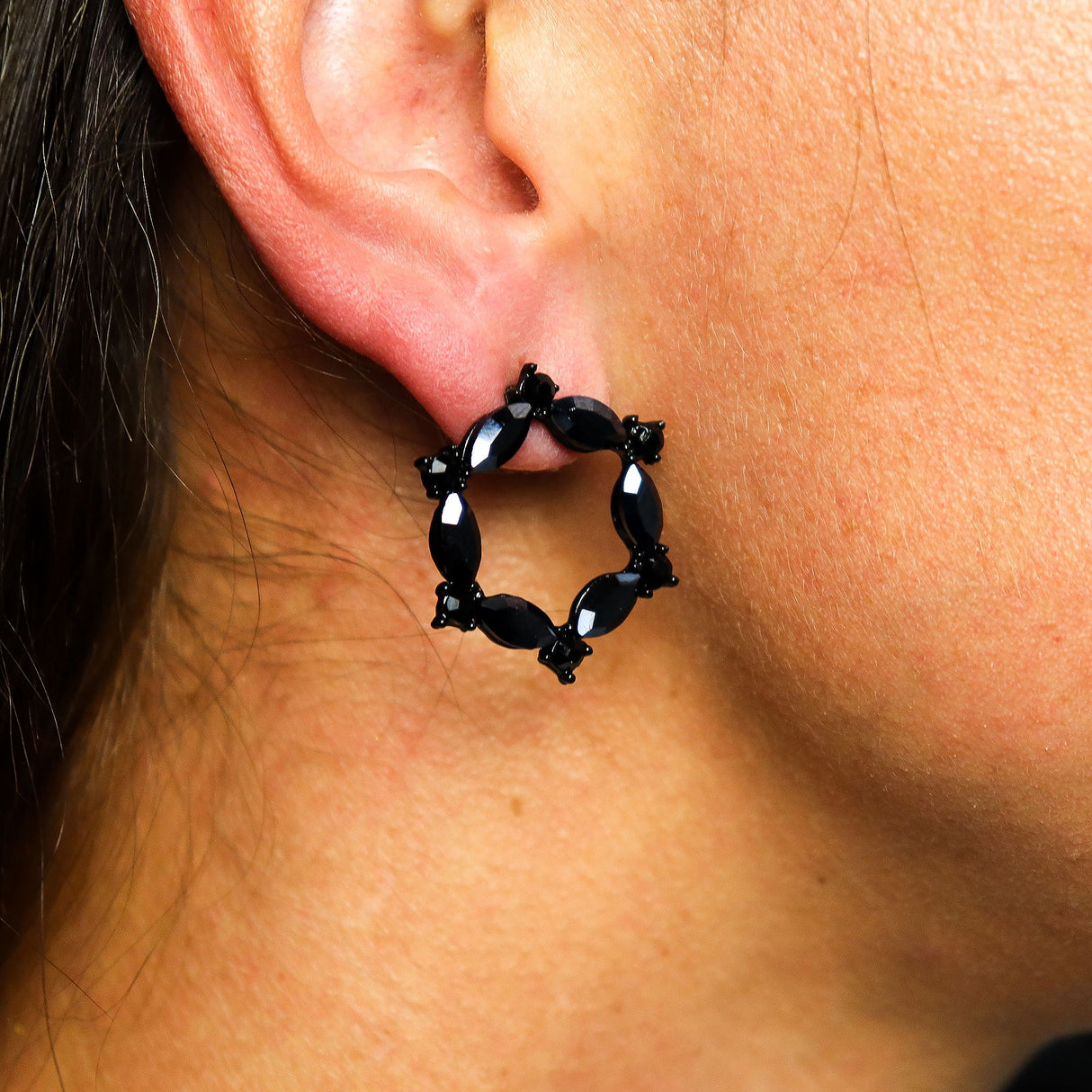 Jet Black Vintage Glass Hoop Earrings