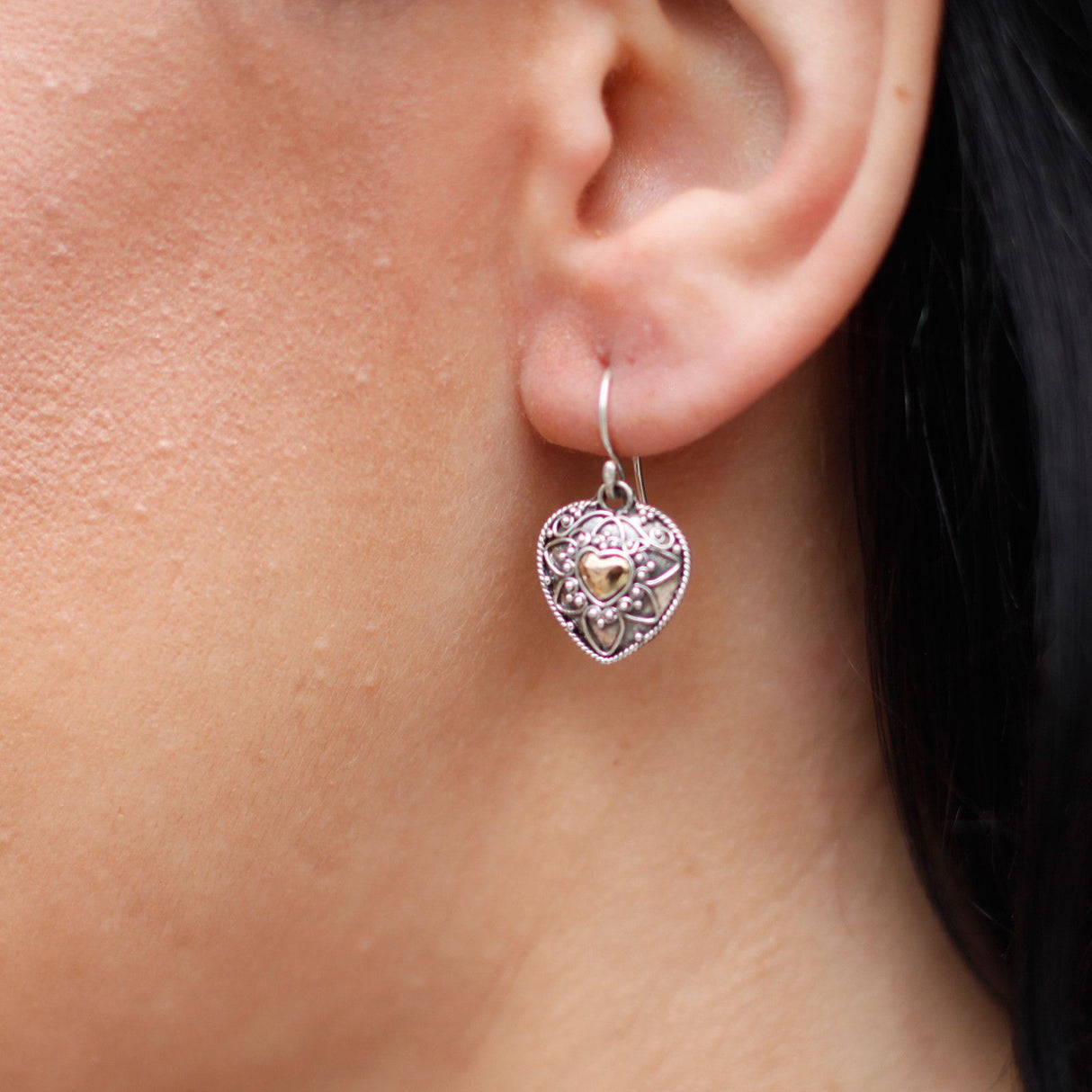 Gold and Silver Dangle Earrings Mandala Hearts Pair