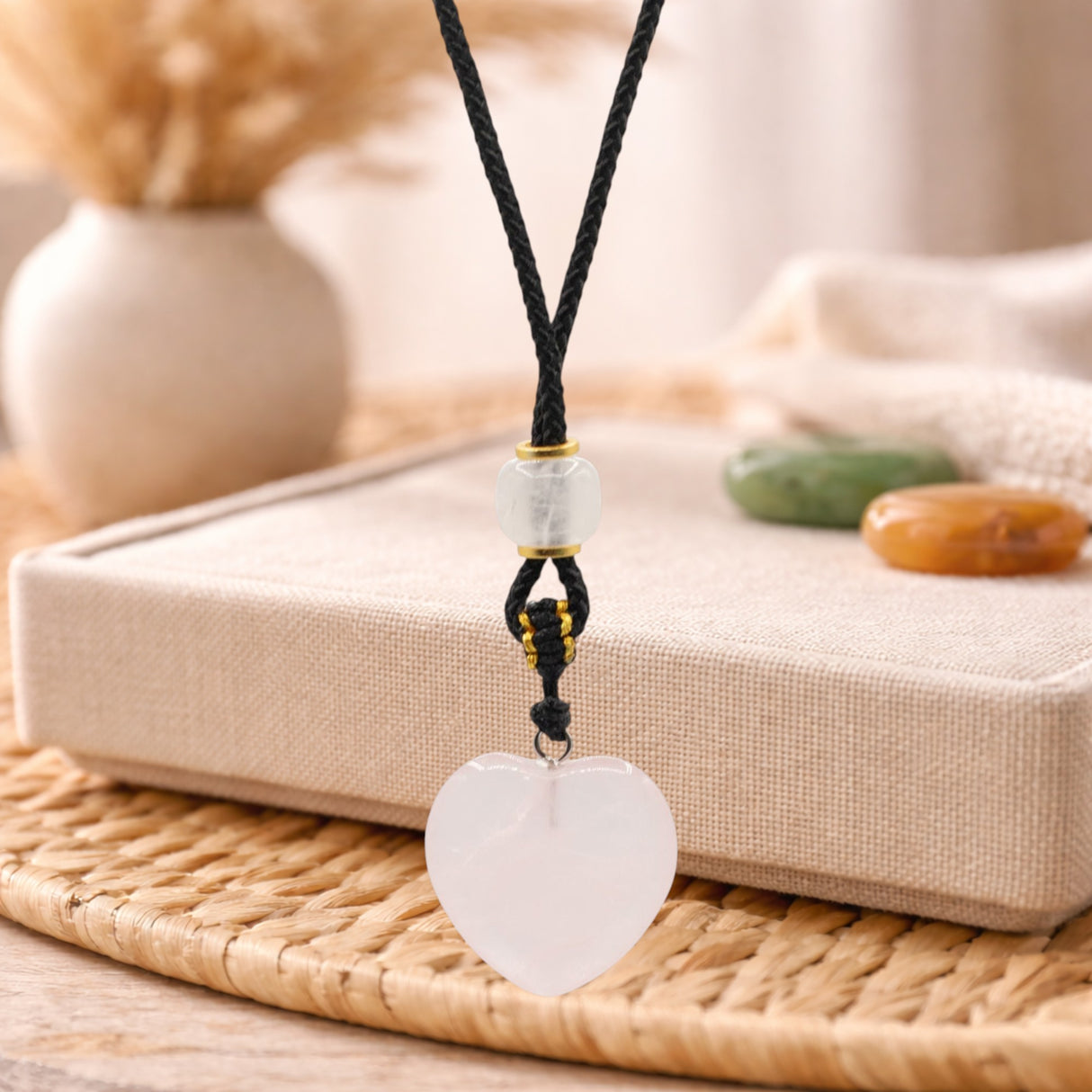 Cord Necklace Gemstone Pendant – Rose Quartz Heart