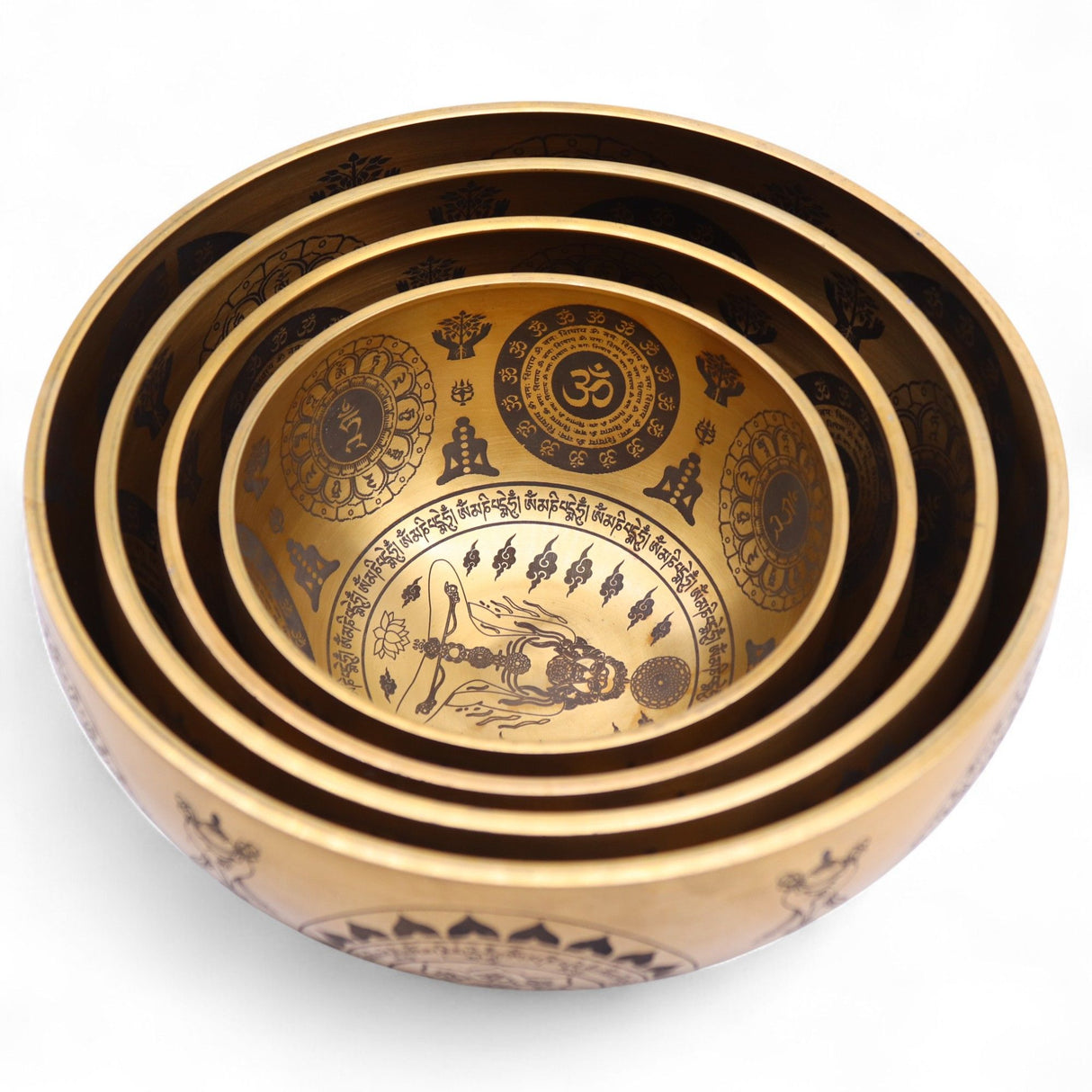 Set of 4 Etched Brass Tibetan Singing Bowls