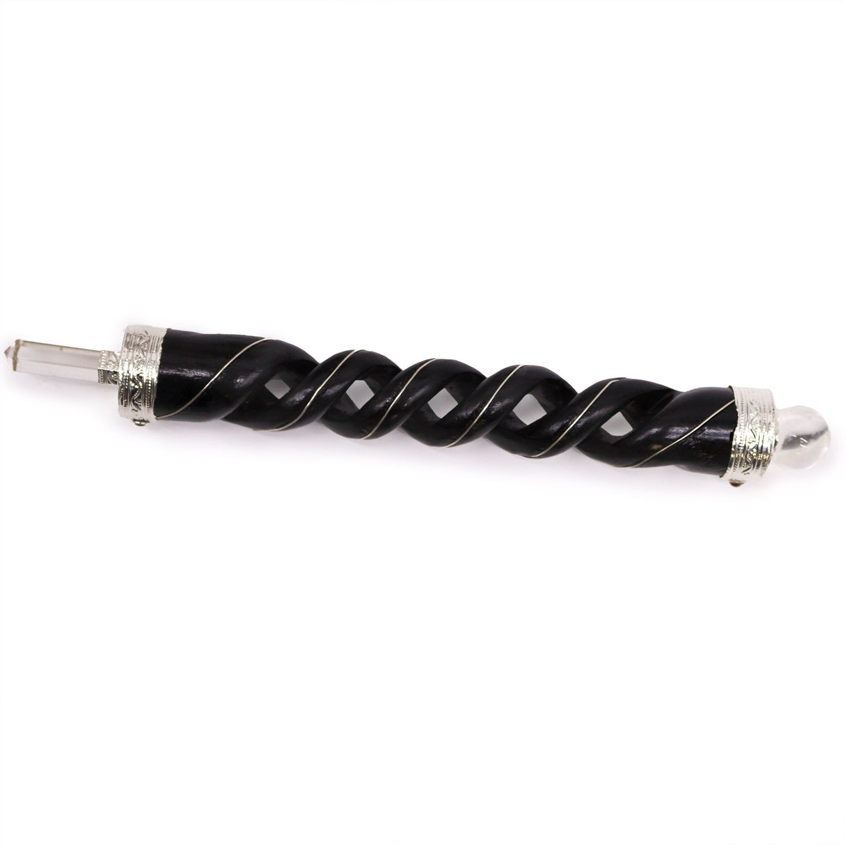 Healing Wand Wooden Spiral Carved Quartz Tip Sphere