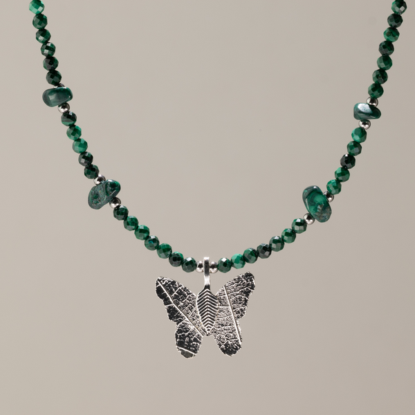Nymph Malachite Gemstone Necklace with Real Leaf Butterfly Pendant