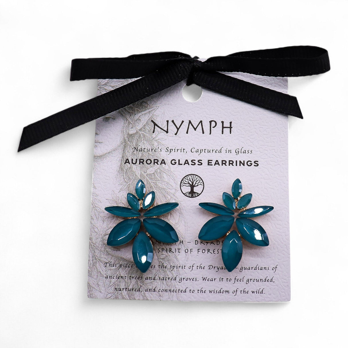 Teal Green Glass Floral Stud Earrings Gold-Tone