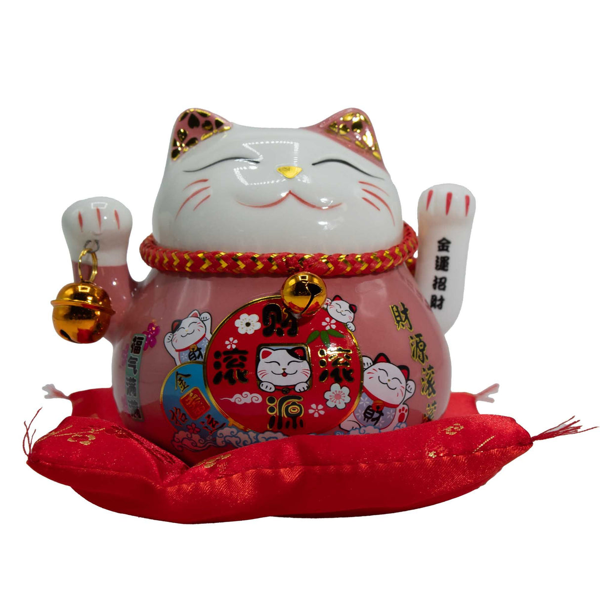 Chat porte-bonheur en céramique avec patte mobile - Rose sur coussin