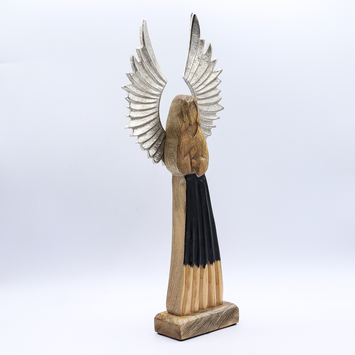 Hand-Carved Mango Wood Guardian Angel Statue, Metal Wings