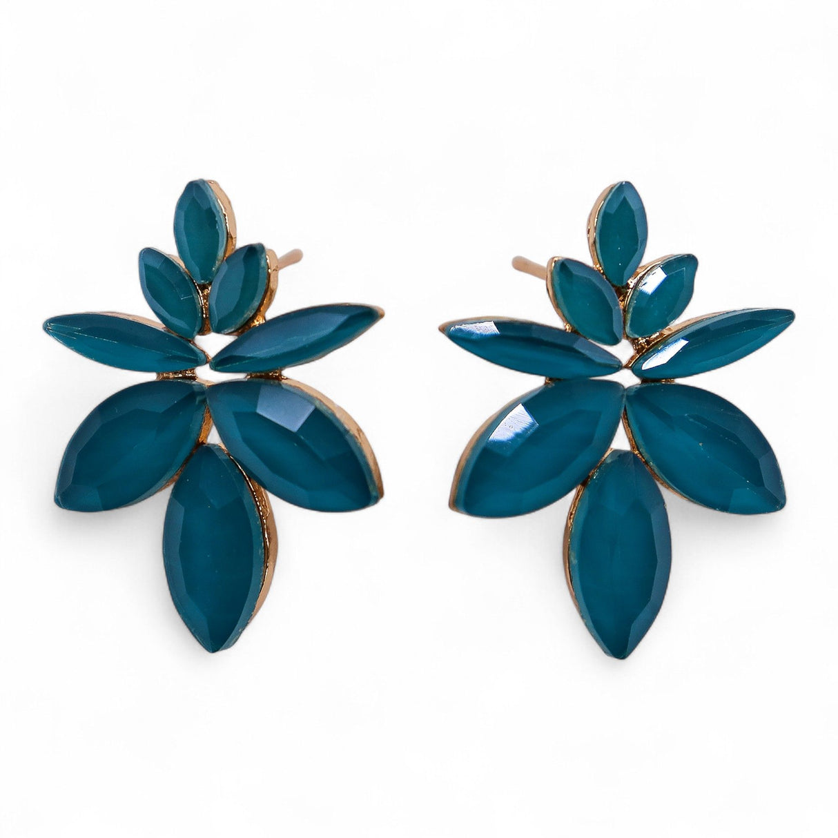 Teal Green Glass Floral Stud Earrings Gold-Tone