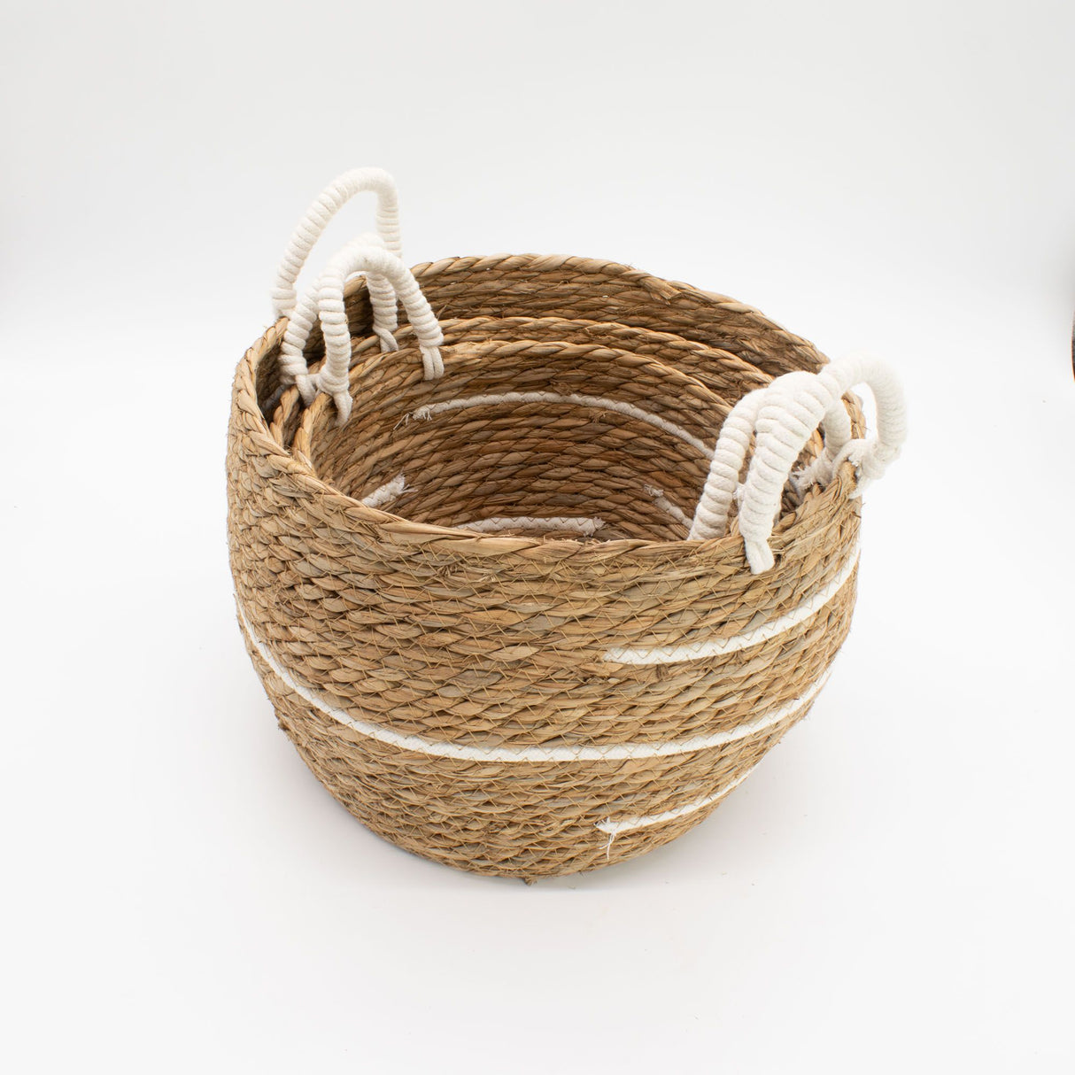 Cestas grandes de algodón y hierba marina – Rayas naturales – Juego de 3