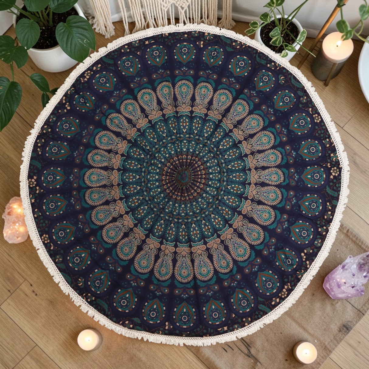 Small Mandala Roundie Cotton Art (130cm) – Peacock Blues, Wall Art