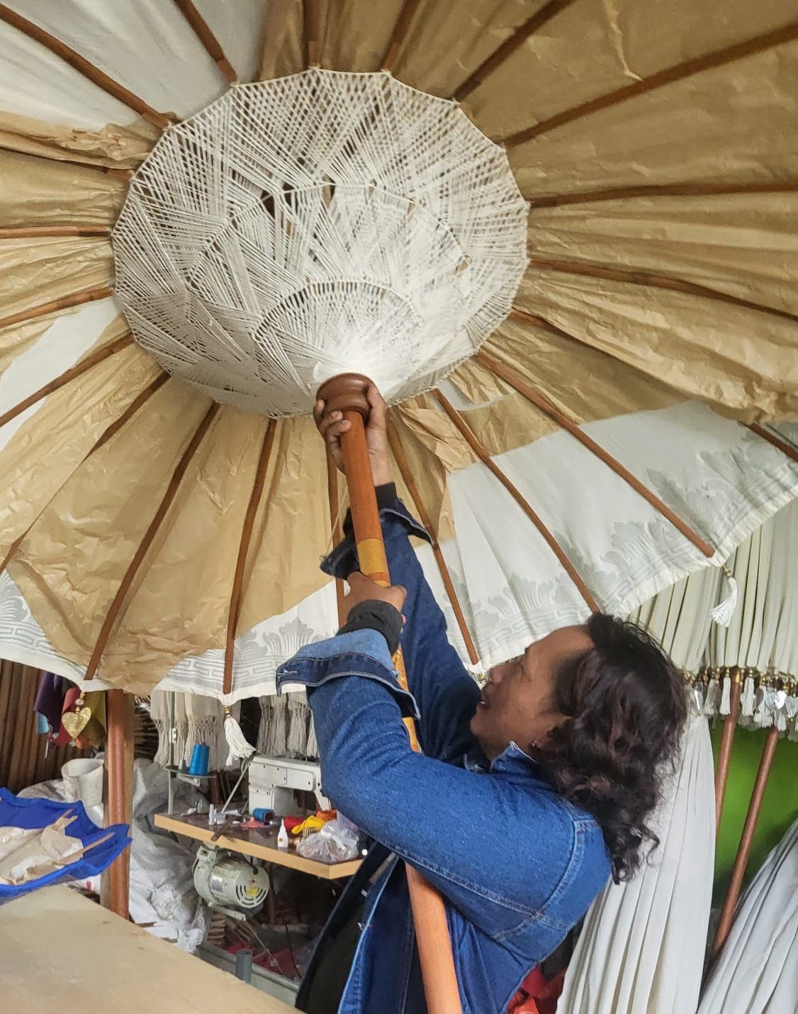 Garden Parasol 2m Canvas Gold Leaf Patterns Bali