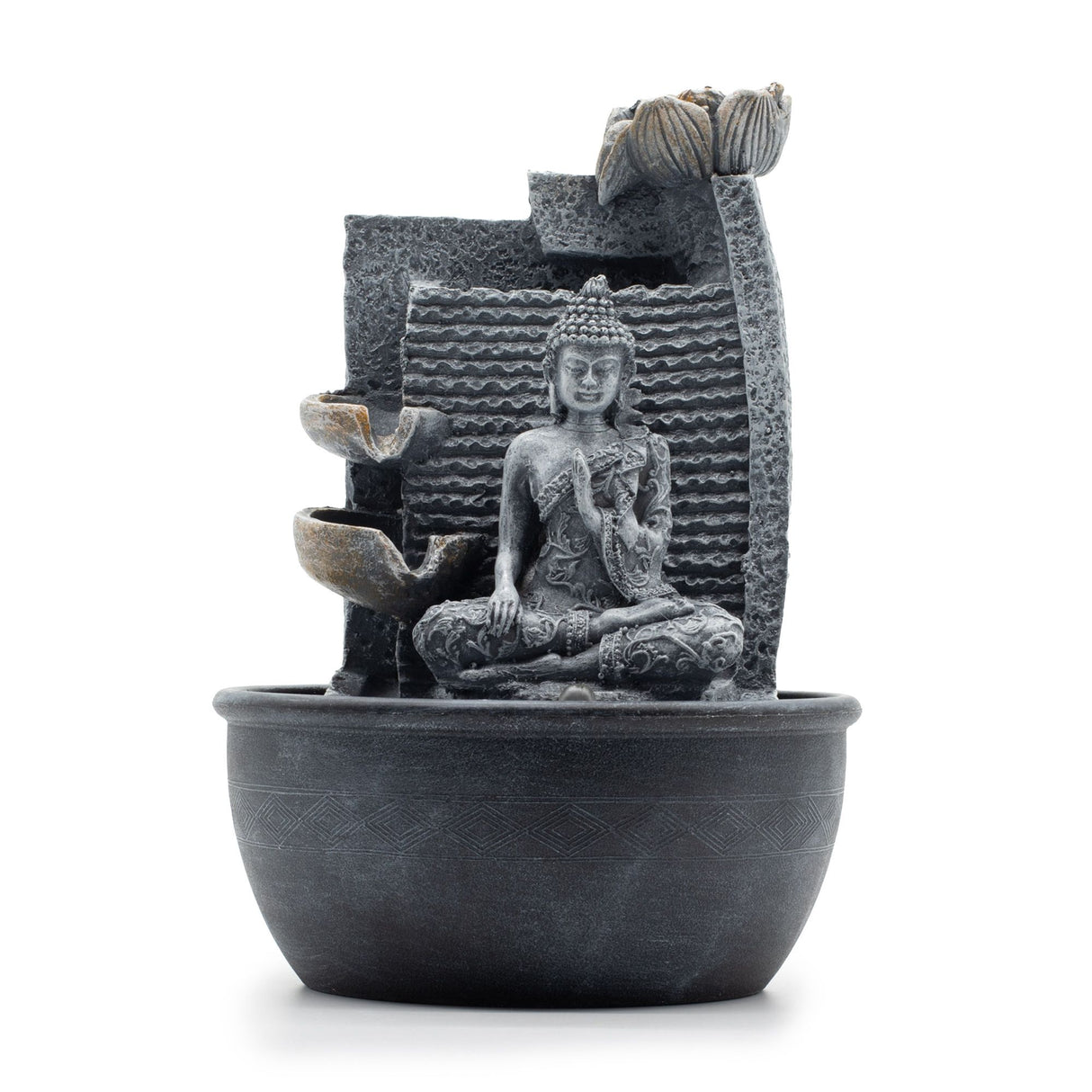 Bordvandfunktion – 19x19x28 cm – Buddha, lotusblomst med vandfalds-krukker