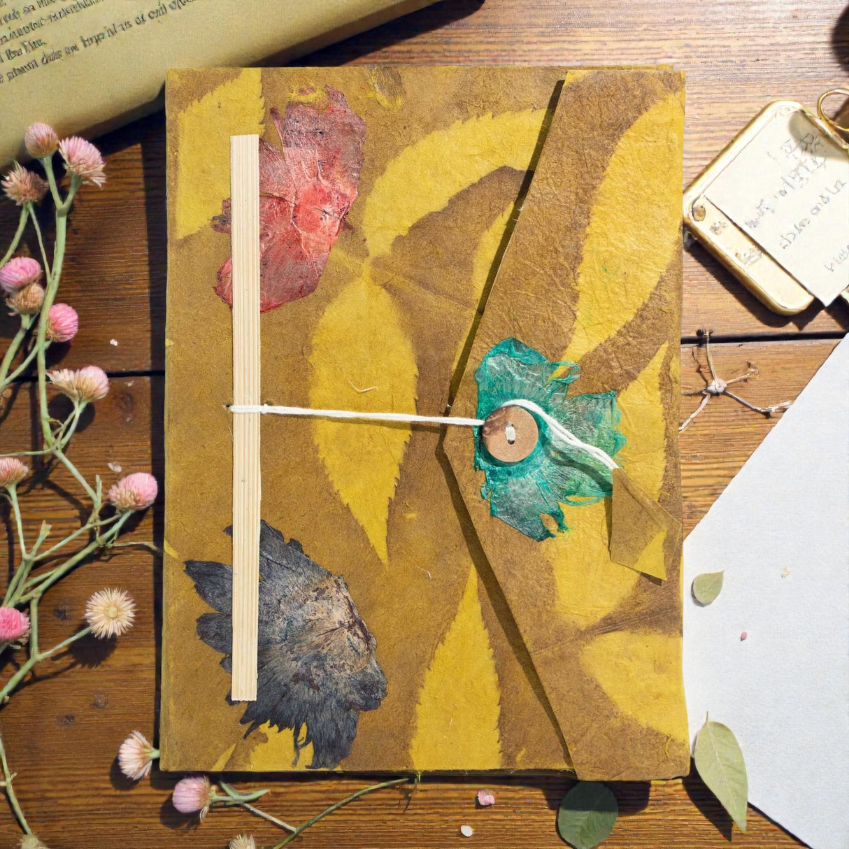 Lokta Bold Floral Notebook – Large (21x15cm) – 45 Leaves – Includes Bookmark – Mustard Brown