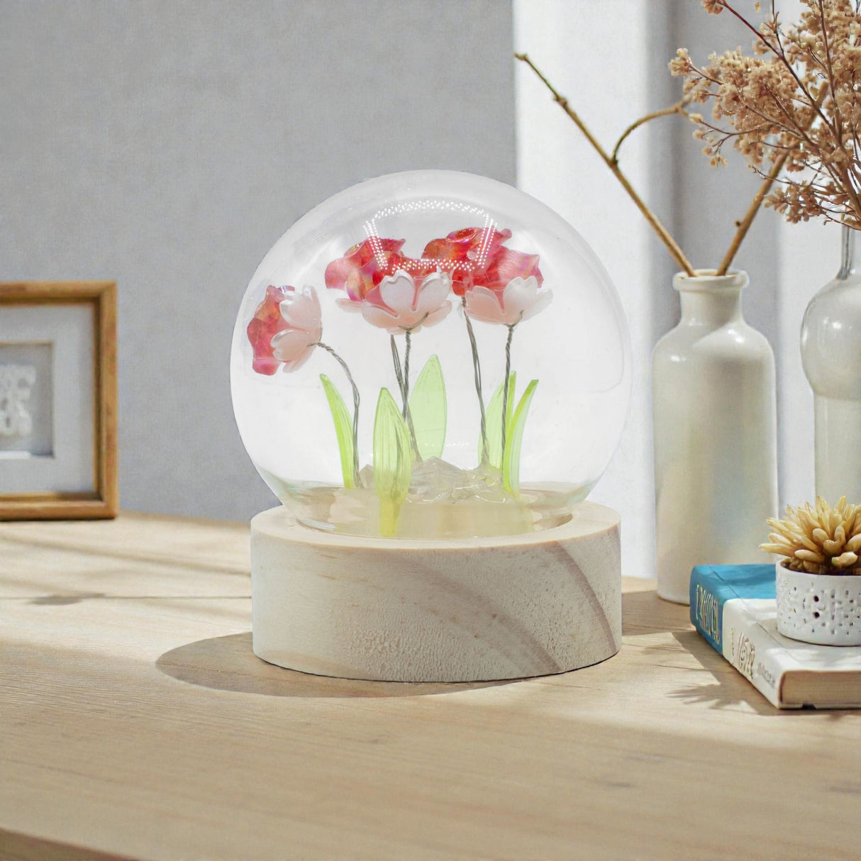 Floral Glow Garden Dome – 5 Red Roses – LED Battery