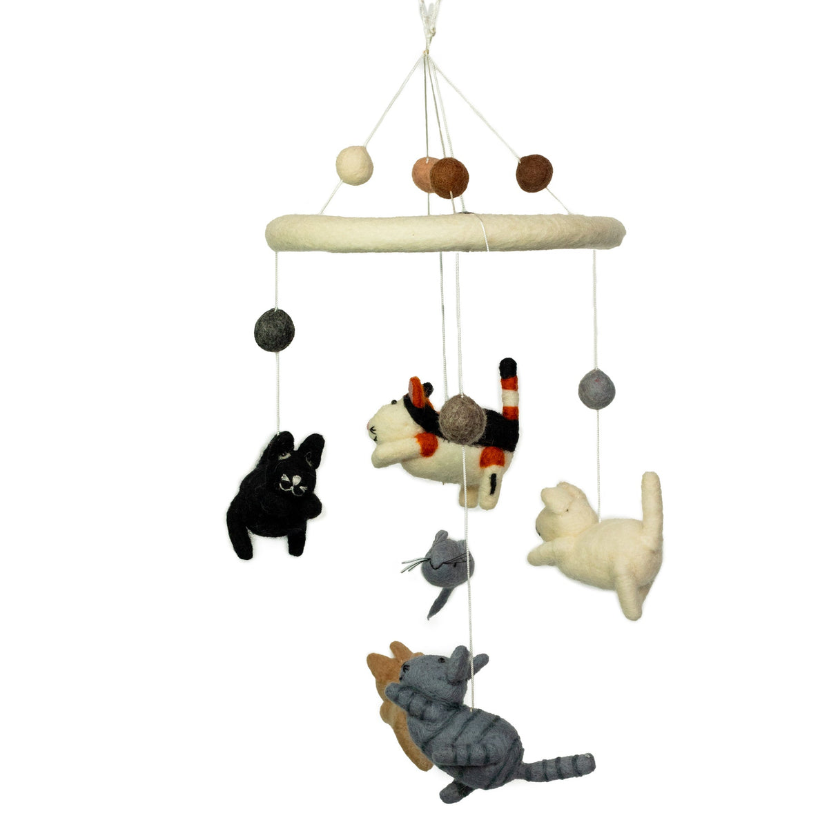 Whimsical Handmade Felt Cat & Mice Baby Mobile for Nursery - Soothing Infant Decor with Colorful Felt Balls - SHAMTAM.COM