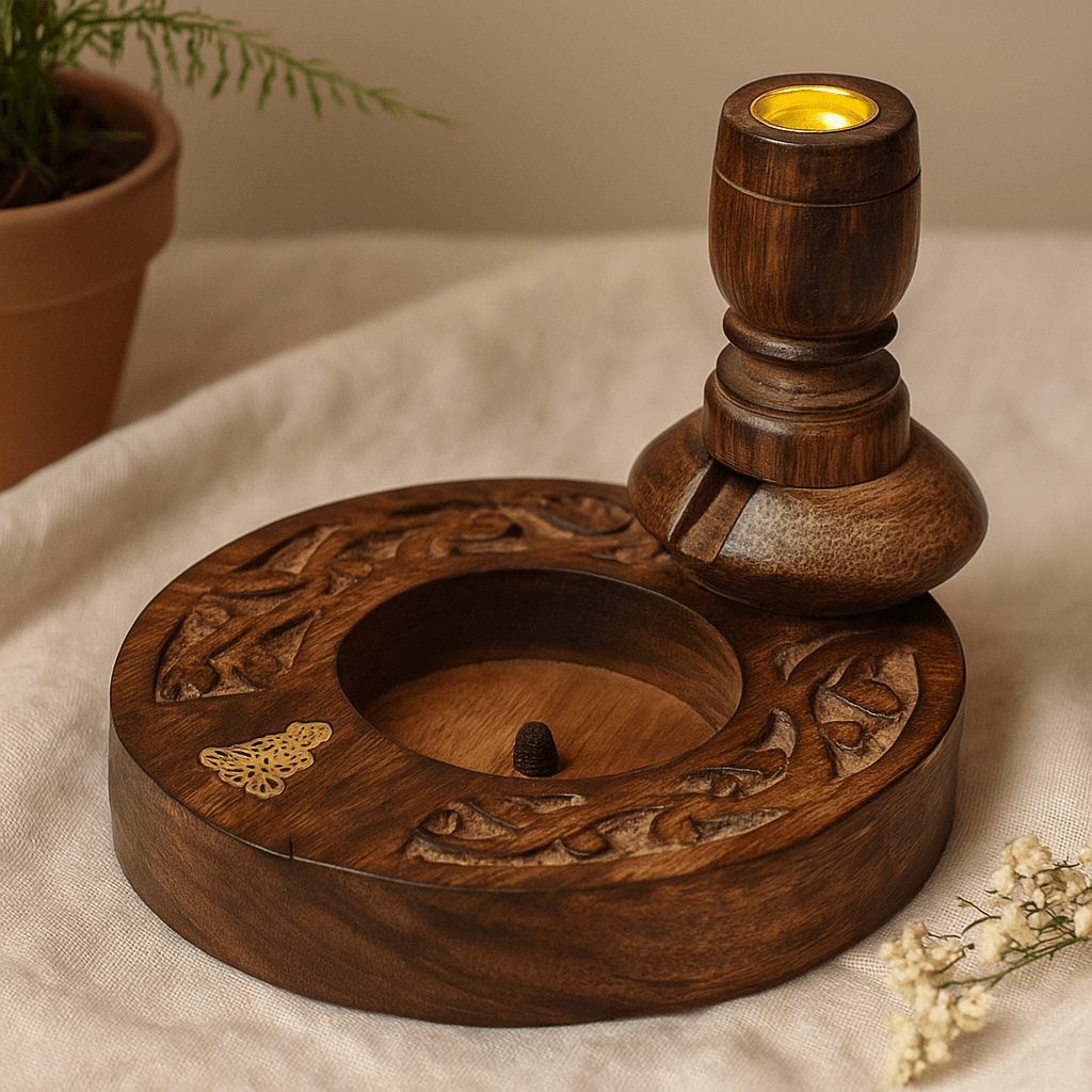 Backflow Incense Burner, Brass Buddha Mango Wood - SHAMTAM.COM
