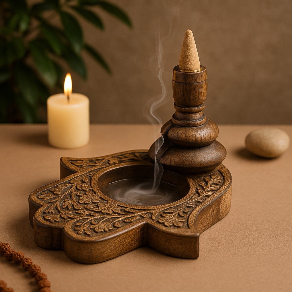 Backflow Incense Burner Large Mango Wood Hamsa - SHAMTAM.COM