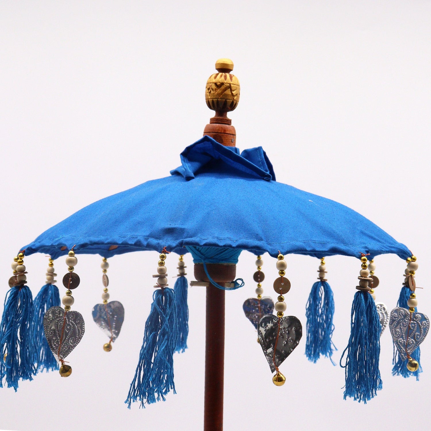Handcrafted Bali Home Decor Parasol - 40cm Blue Cotton Umbrella with Tassels and Beads - SHAMTAM.COM