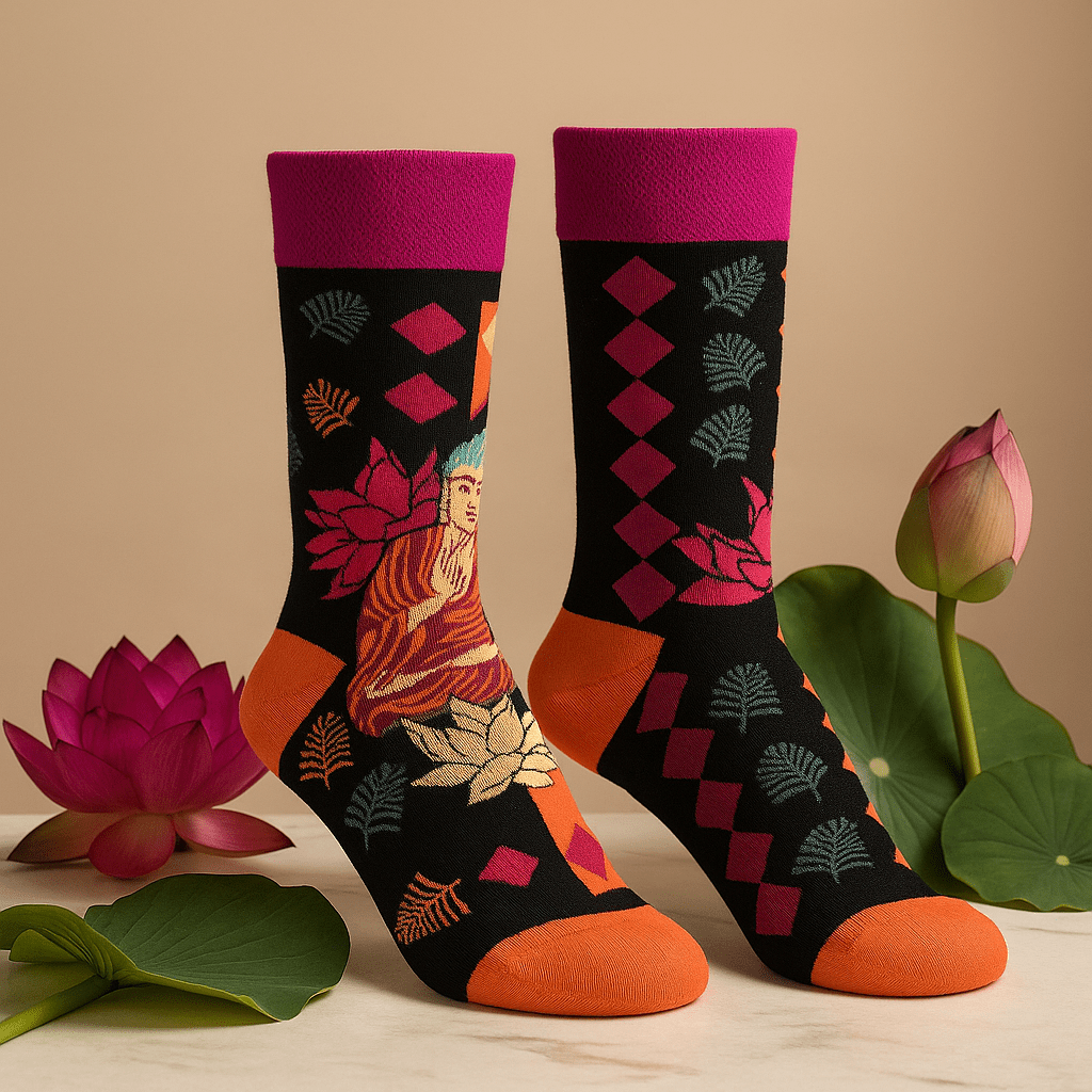 Bamboo Socks Pink Buddha and Lotus Small - Medium - SHAMTAM.COM
