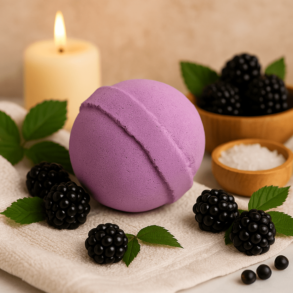 Purple bath bomb with blackberries and a candle on a neutral background