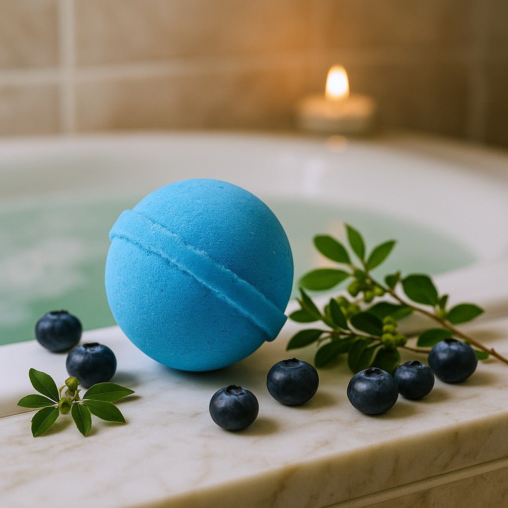 Blue bath bomb with blueberries and leaves on a bathtub rim