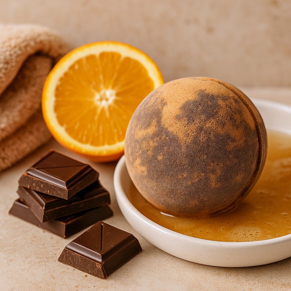 Chocolate bath bomb with orange and chocolate pieces on a beige surface