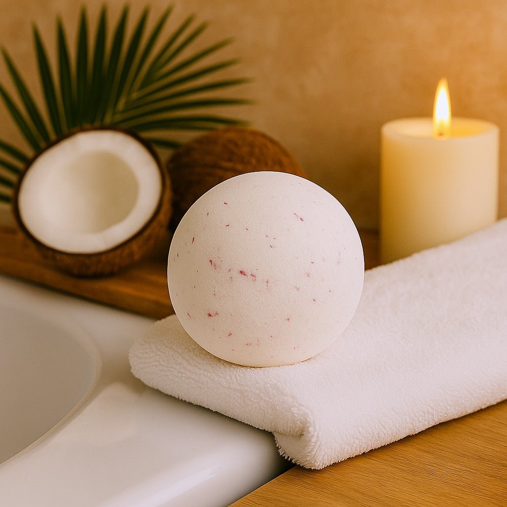Bath bomb on a towel with a candle and coconut in the background