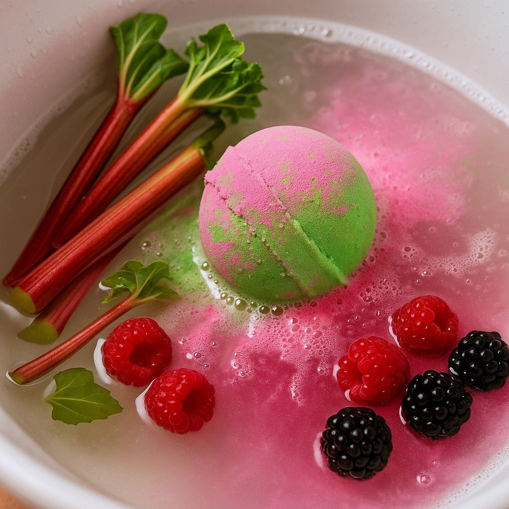 Bath bomb with rhubarb, raspberries, and blackberries in a bowl of water.