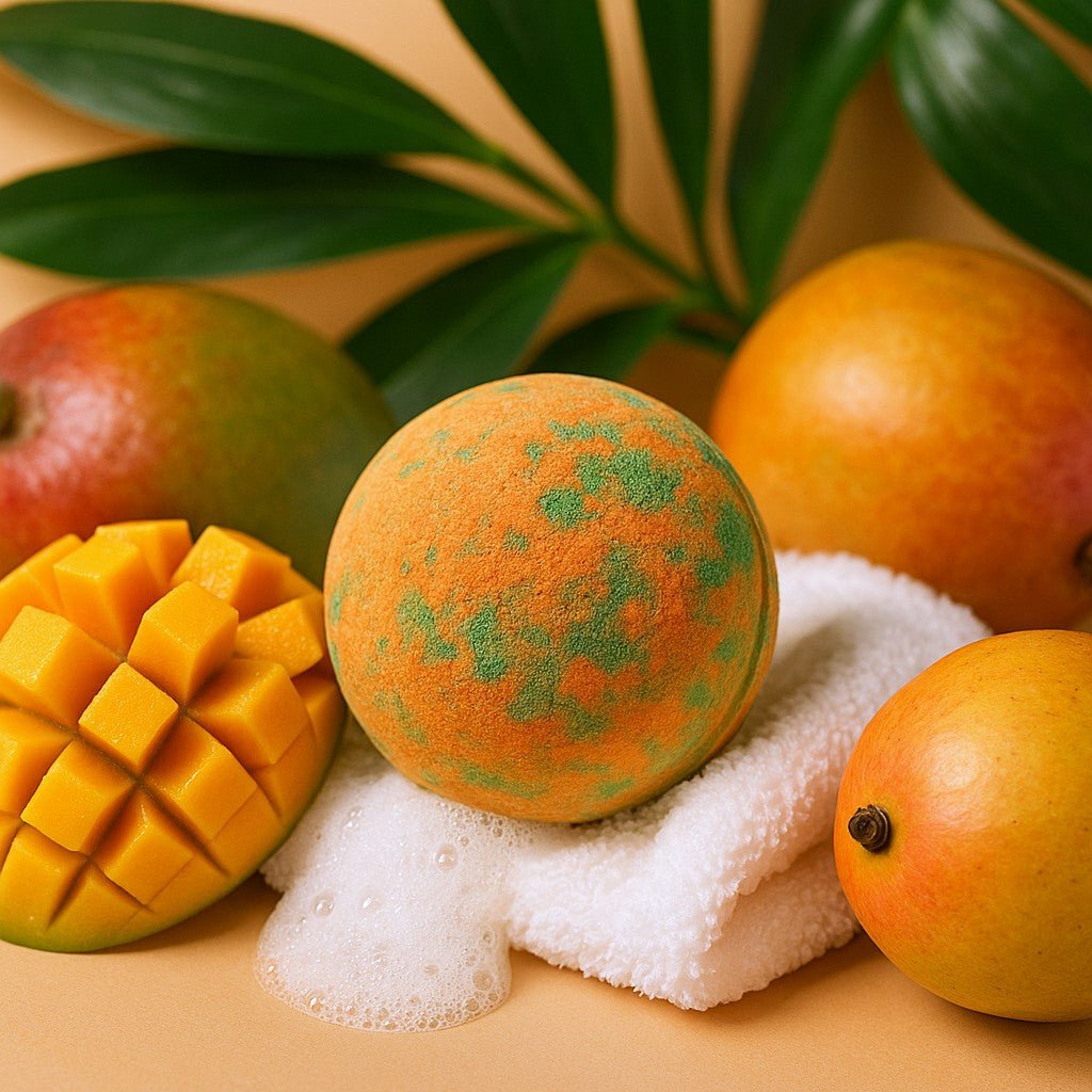 Mango-themed bath bomb with mangoes and leaves on a beige background