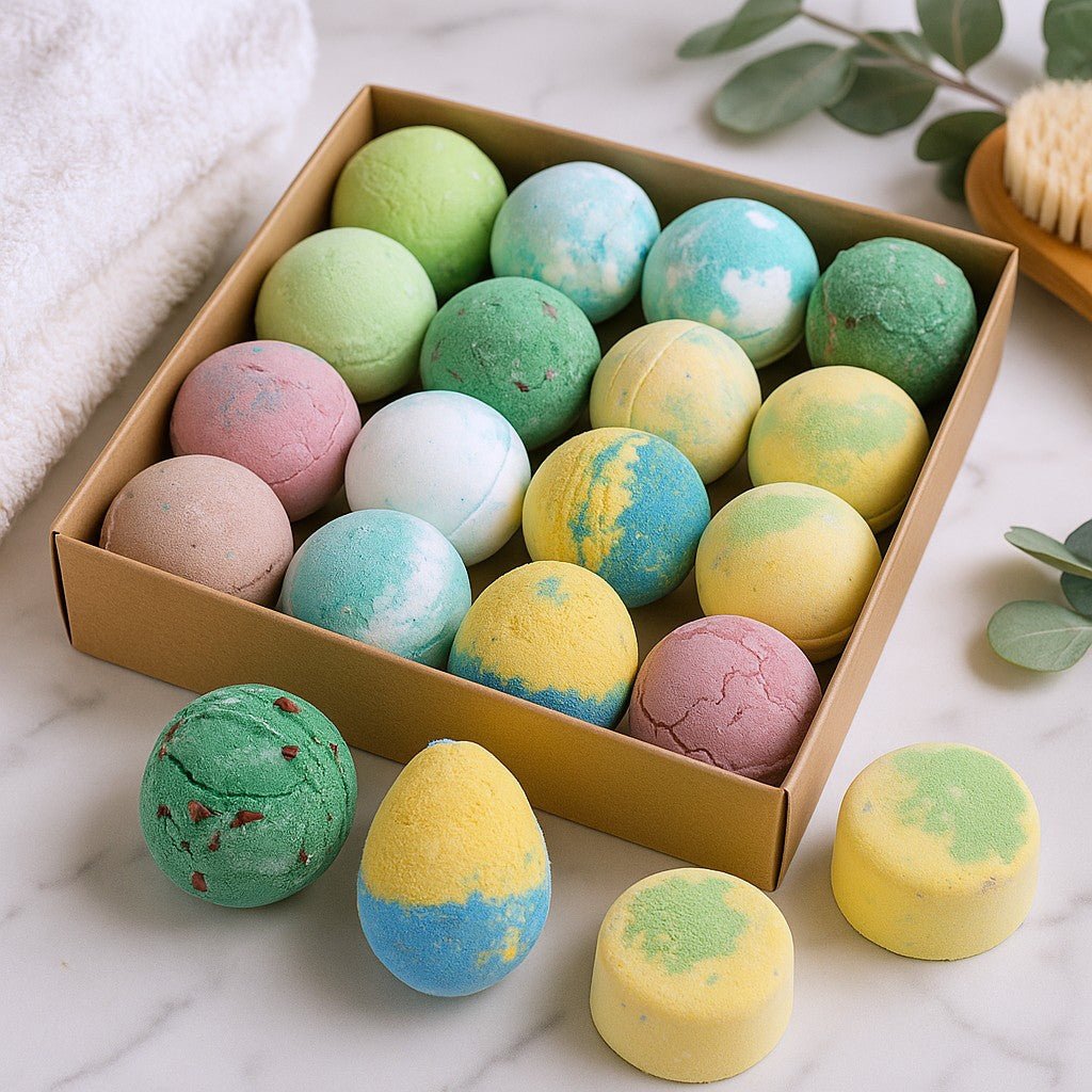 Box of colorful bath bombs on a marble surface with eucalyptus leaves.