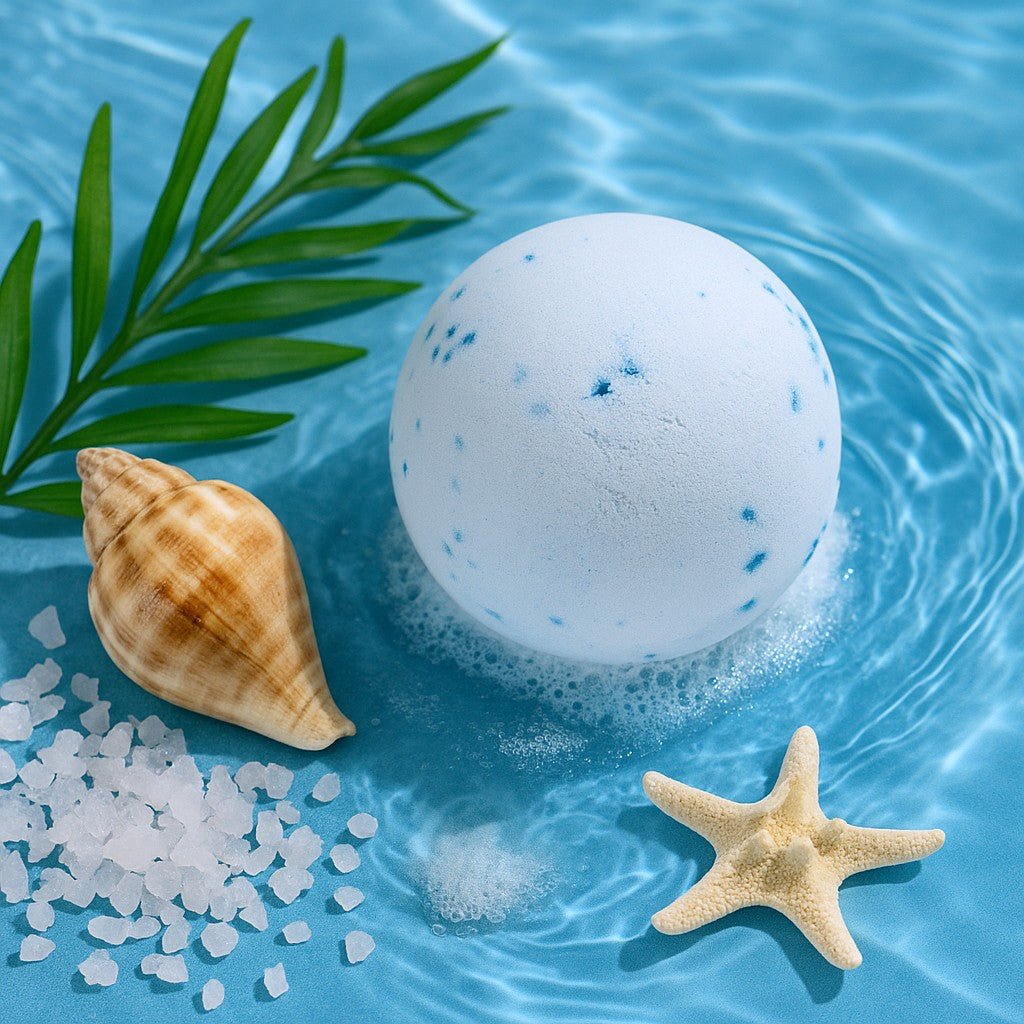 Bath bomb with starfish, shell, and sea salt on a blue water background