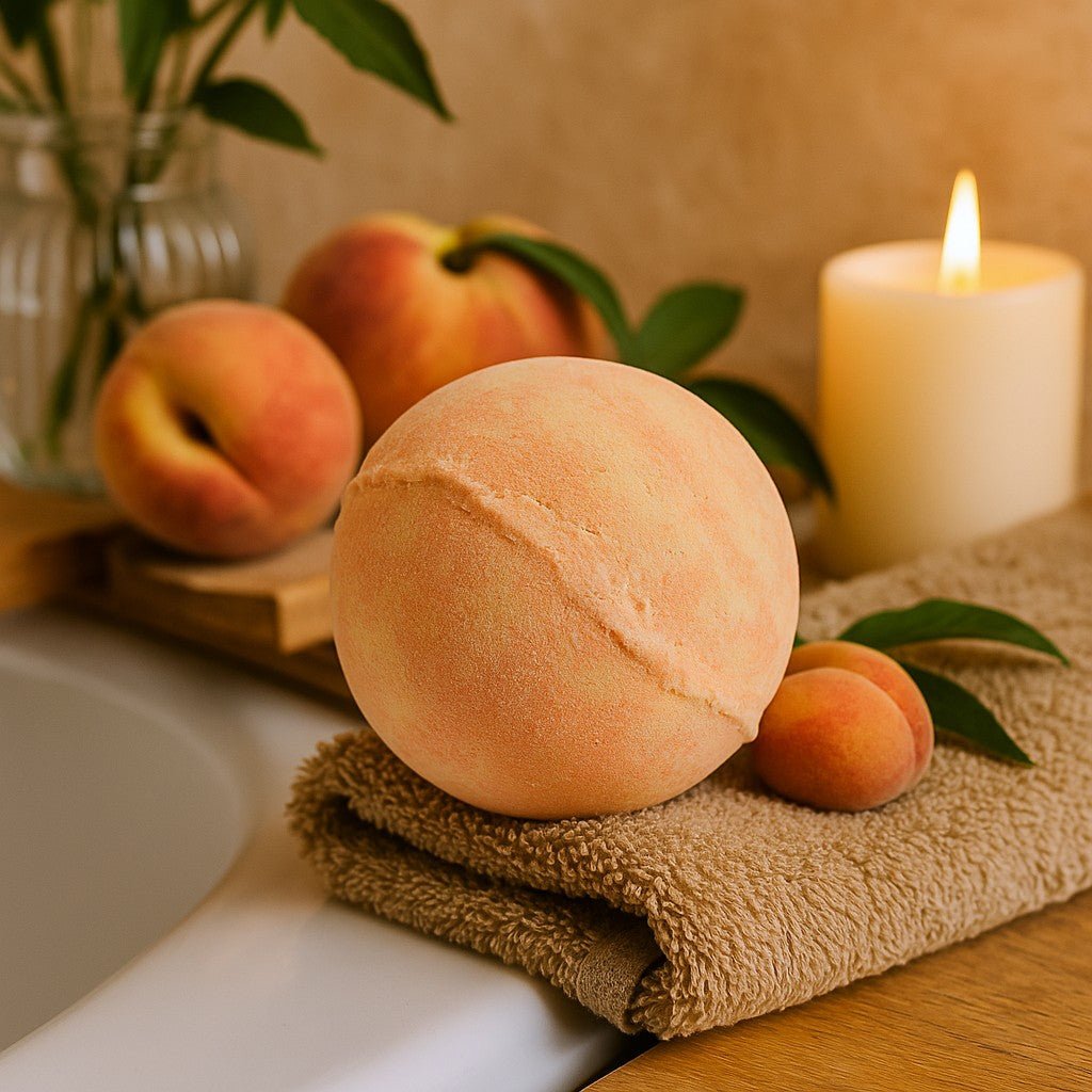 Bath bomb on a towel with peaches and a candle in the background