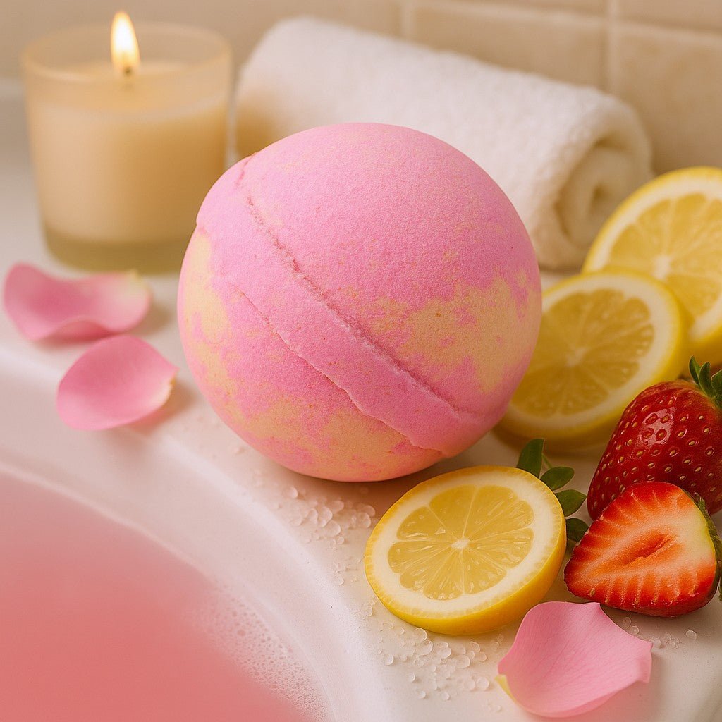 Pink bath bomb with lemons, strawberries, and a candle on a bathtub rim.