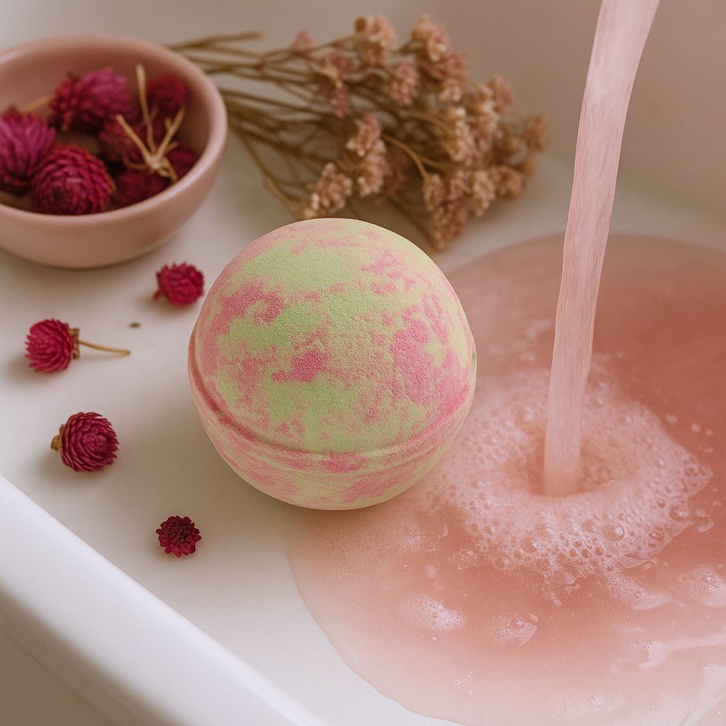 Bath bomb with pink and green colors being dropped into a bathtub filled with water, surrounded by dried flowers.