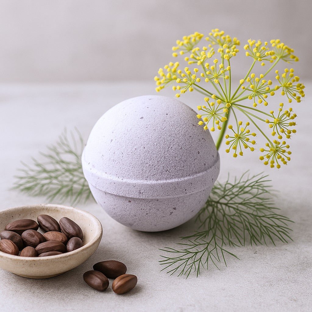 Bath bomb with a bowl of almonds and flowers on a light surface