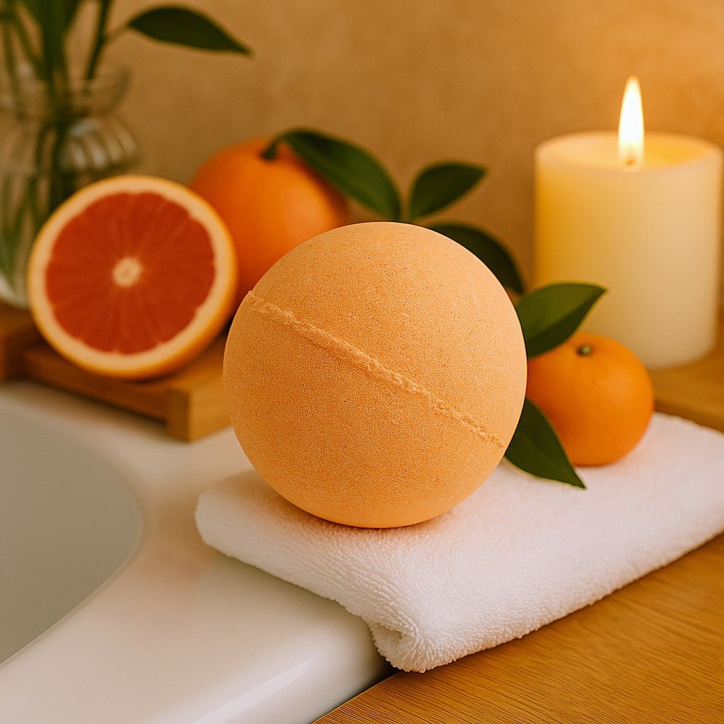 Orange bath bomb on a towel with oranges and a candle in the background
