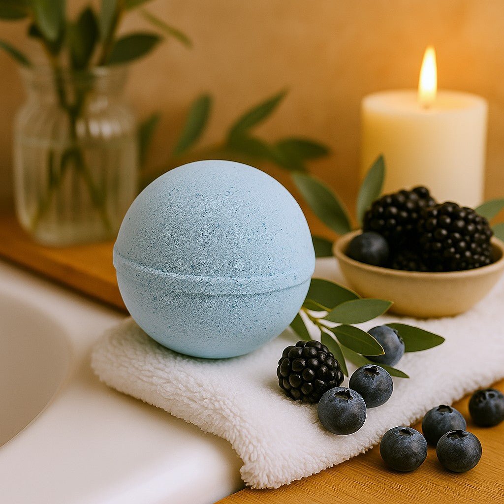 Blue bath bomb on a towel with blackberries and blueberries on a wooden surface.