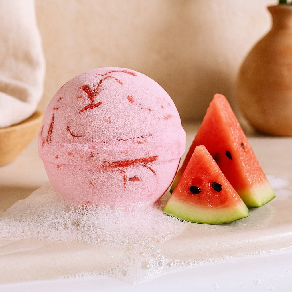 Pink bath bomb with watermelon design next to watermelon slices on a white surface.